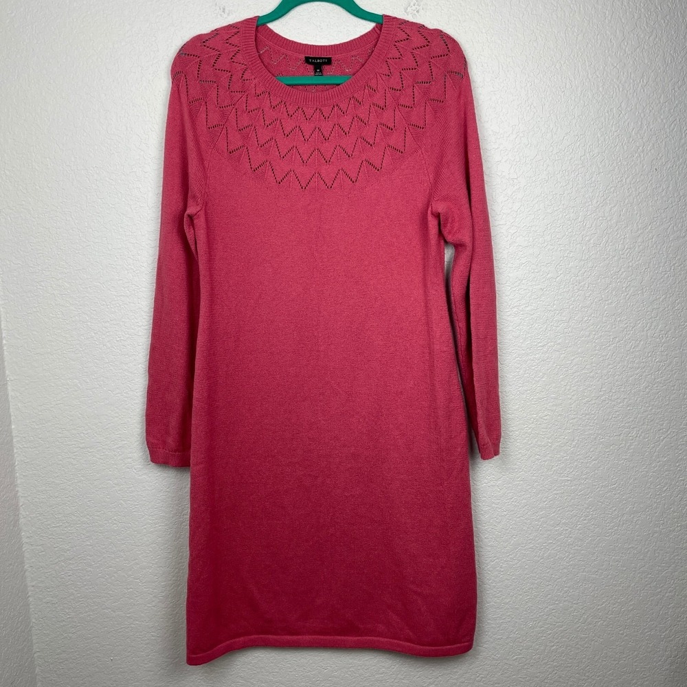 Talbots Knit Sweater Dress Womens Medium Pink Long Sleeve Midi Length Pullover